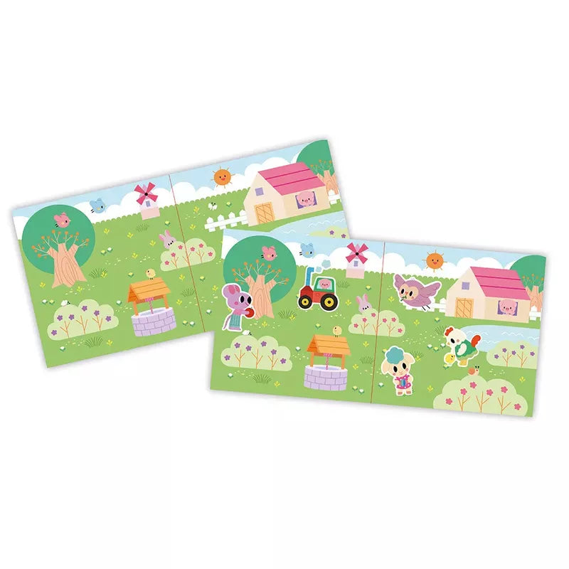 Two colorful illustrations of a cheerful farm scene with trees, flowers, friendly animals, a toy tractor, and farm buildings featuring Janod 2 Years - Repositionable Thick Stickers.