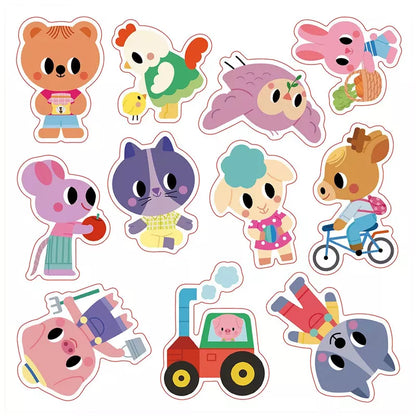 A collection of Janod 2 Years - Repositionable Thick Stickers showcasing creativity as they engage in various human activities, such as riding a bicycle, carrying groceries, and using a camera.