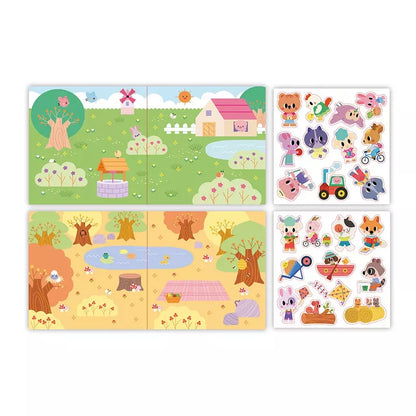 A Janod 2 Years - Repositionable Thick Stickers featuring an outdoor scene with different areas to place various animal characters and additional elements like food, vehicles, stickers, and household items, designed to stimulate learning and creativity.