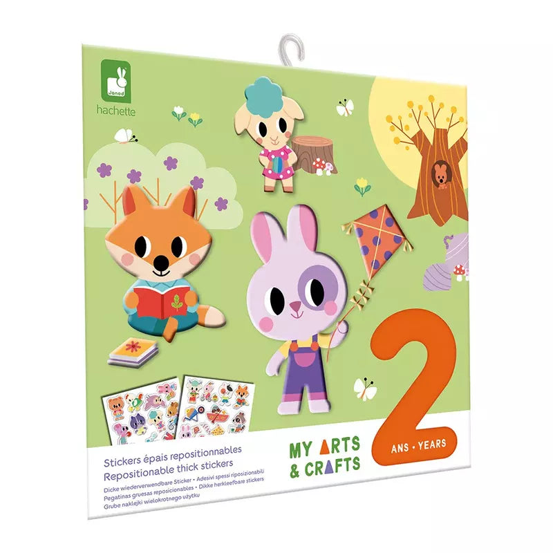 Creative playtime: adorable animal toy characters enjoying arts & crafts activities with Janod 2 Years - Repositionable Thick Stickers for kids.