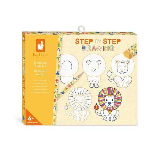 A boxed set of drawing instructions titled "Janod Step By Step Drawing 20 Models Animals." The cover features a progression of steps to draw a lion, starting from basic shapes to a completed colored drawing. It includes 20 animal models and is ideal for children ages 7 to 10 who want to learn to draw.