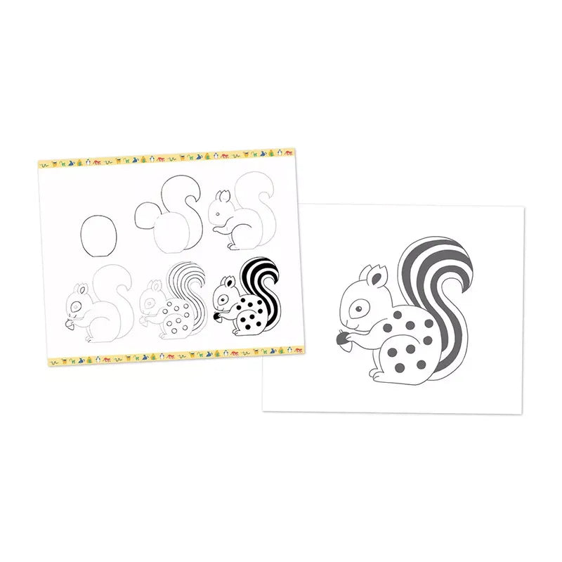 A step-by-step drawing guide on the left shows how to draw a squirrel in five stages, from simple shapes to a detailed squirrel. On the right, there is a completed drawing of the squirrel, featuring stripes on its tail and spots on its body. Perfect for kids aged 7 to 10 years who want to learn to draw! The Janod Step By Step Drawing 20 Models Animals is an excellent tool for this purpose.