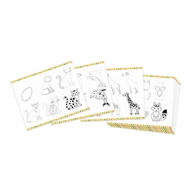 Several drawing sheets display step-by-step instructions for sketching various animals, including a cat, a pig, a dolphin, and a giraffe. Perfect for children aged 7 to 10 years, these sheets are arranged overlapping each other, showcasing the progression from basic shapes to detailed drawings. This is all available in the Janod Step By Step Drawing 20 Models Animals set.