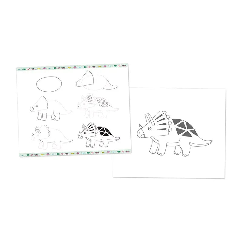 Two illustrated sheets form a fantastic drawing kit for children’s coloring activities. The left sheet includes a step-by-step learn-to-draw guide with six stages breaking down a dinosaur drawing, while the right sheet showcases a completed dinosaur illustration adorned with geometric pattern details from the Janod Step By Step Drawing 20 Models Dinos.