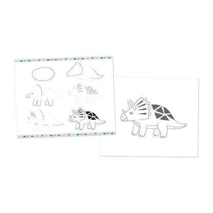 Two illustrated sheets form a fantastic drawing kit for children’s coloring activities. The left sheet includes a step-by-step learn-to-draw guide with six stages breaking down a dinosaur drawing, while the right sheet showcases a completed dinosaur illustration adorned with geometric pattern details from the Janod Step By Step Drawing 20 Models Dinos.