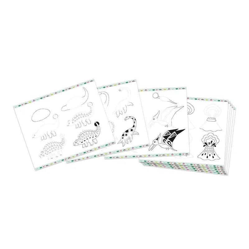 Four white sheets of paper with dinosaur designs in black outlines, each showing different prehistoric creatures and plants. The sheets have colorful patterned borders, resembling a Janod Step By Step Drawing 20 Models Dinos for those eager to learn to draw. The drawings appear perfect for coloring or crafting purposes.