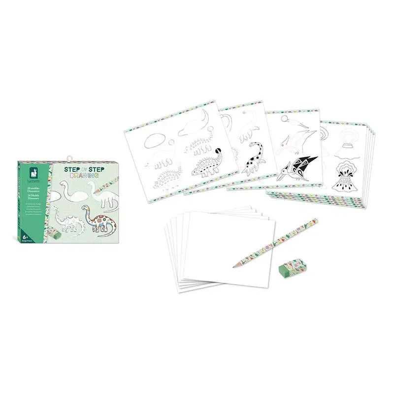 A drawing kit is displayed, including a box, drawing sheets with outlines of various cute characters and objects, and even dinosaur models to make learning to draw fun. It also contains a pencil, blank sheets of paper, and an eraser. The box has green accents and the text "Janod Step By Step Drawing 20 Models Dinos" on it.