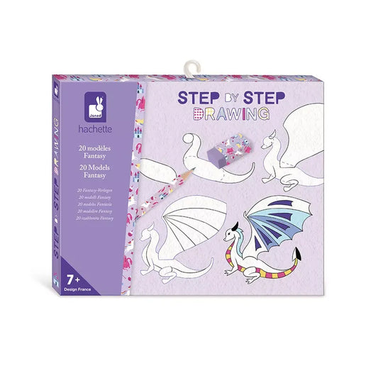 The image shows a boxed set titled "Janod Step By Step Drawing 20 Models Fantasy" by Hachette. This children's drawing toy includes 20 fantasy models for drawing, as indicated on the front. The box features illustrations of dragons in various stages of completion. Suitable for ages 7 and up.