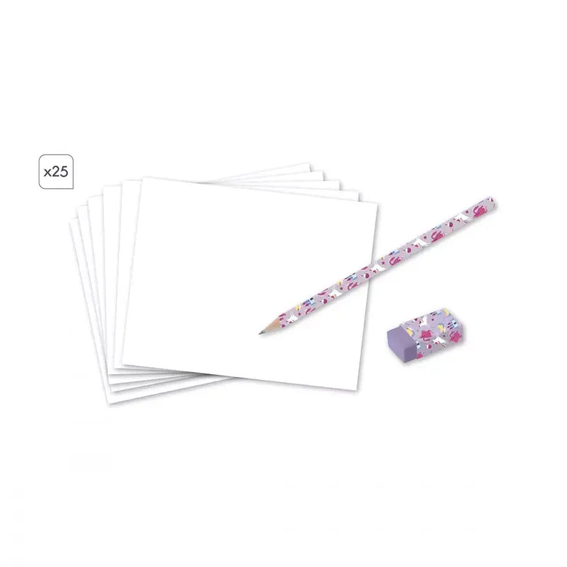 A set of white blank sheets stacked together, accompanied by a pencil and an eraser. The pencil and eraser have a matching floral pattern in pink and purple hues. Perfect as a children's drawing toy, the Janod Step By Step Drawing 20 Models Fantasy is marked with "x25" in the top left corner of the image.