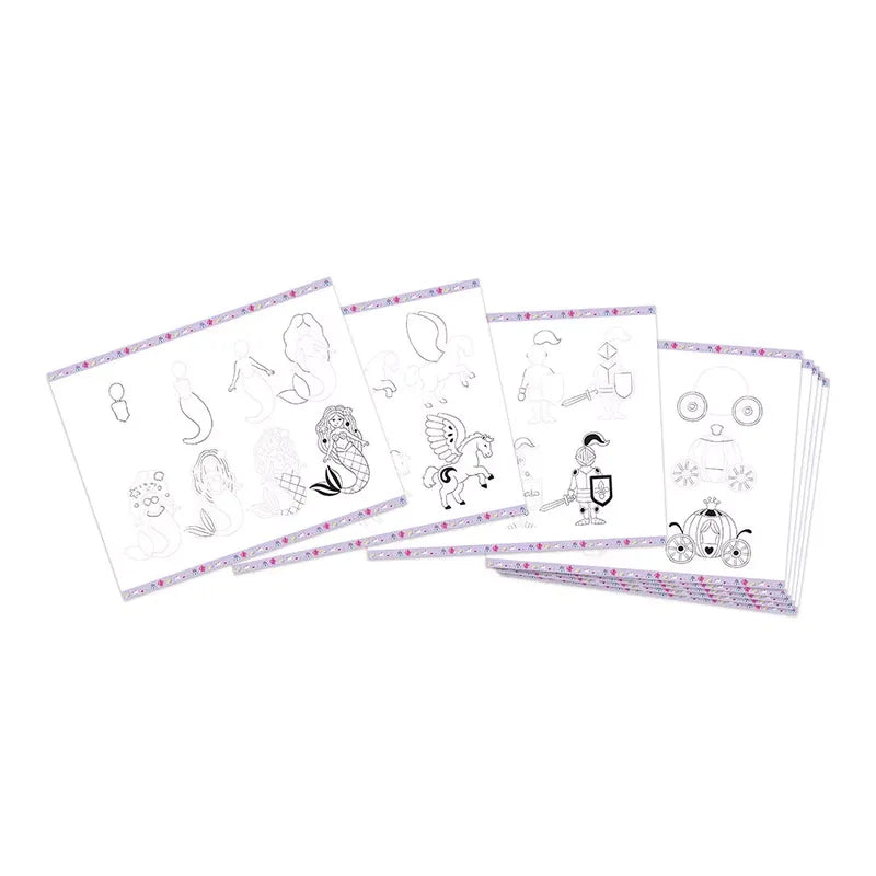 Janod Step By Step Drawing 20 Models Fantasy sheets laid out fan-like, displaying various line art illustrations featuring fantasy themes such as mermaids, unicorns, knights, and castles. Perfect for a learn-to-draw experience, each sheet includes a decorative border.