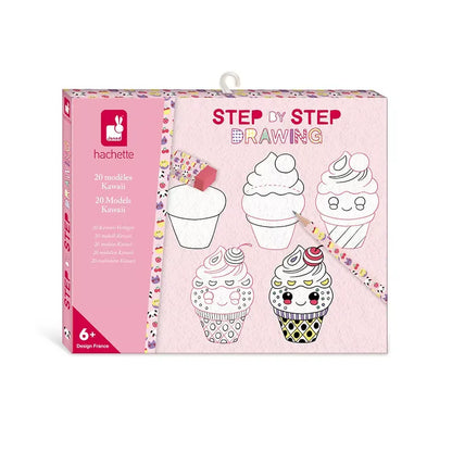 The image shows a children's drawing kit titled "Janod Step By Step Drawing 20 Models Kawaii" with a pink background. The box illustration includes four different cupcake drawings in various stages of completion, a pencil, and the text "20 models Kawaii." It is recommended for ages 7 to 10 years.