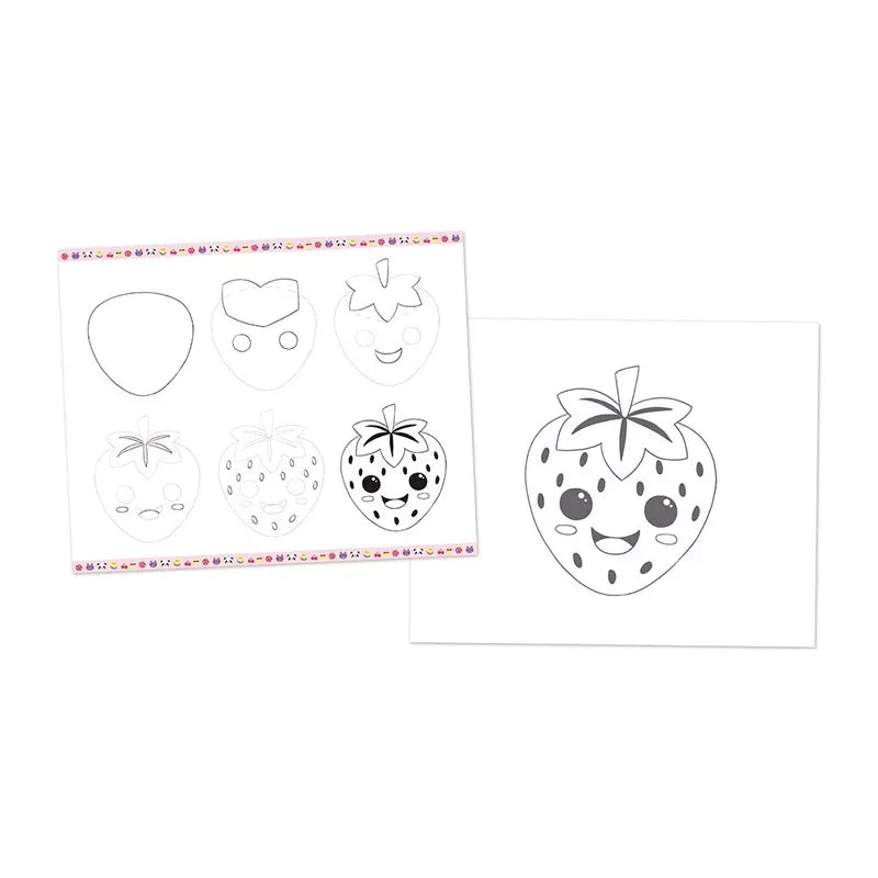 A Janod Step By Step Drawing 20 Models Kawaii is shown on the left with a completed drawing on the right. The step-by-step drawing guide includes simple shapes illustrating how to draw a smiling strawberry with a cute face and seeds, perfect for kids aged 7 to 10. The completed drawing on the right showcases the finished strawberry image.