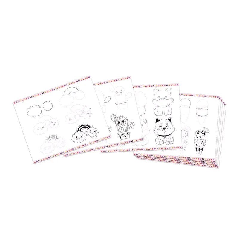 Several sheets of white paper are displayed, each featuring various playful, black-and-white line drawings of kawaii models, including clouds, animals, and plants. The papers are spread out and overlap slightly, showing different designs from the Janod Step By Step Drawing 20 Models Kawaii.