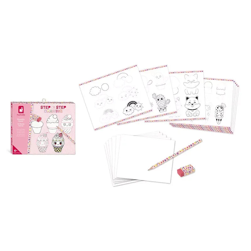 The image shows a Janod Step By Step Drawing 20 Models Kawaii. It includes a pack of papers, a pencil, and an eraser with colorful designs. Several drawing guide sheets depict different completed drawings with step-by-step instructions to learn to draw Kawaii models like animals and food items.