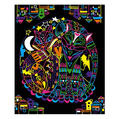 A Janod Animal Coloring Board with Markers featuring a black background and colorful designs.