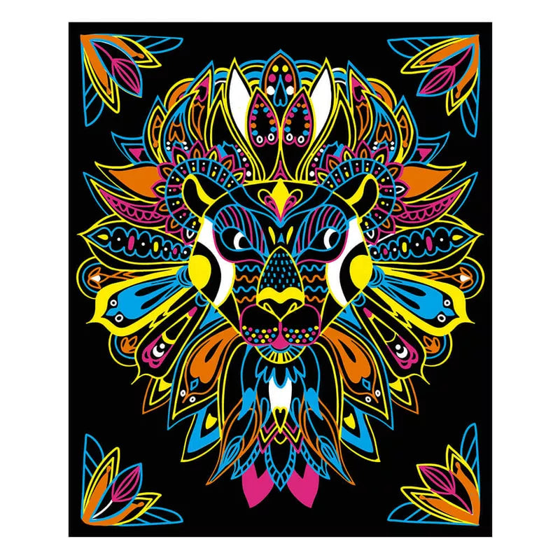 A Janod Animal Coloring Board with a picture of a colorful lion head on a black background, using Janod markers.