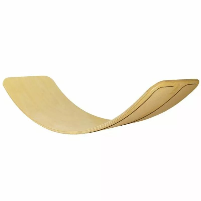A curved das.Brett Bouncy Wooden Balance Board Lacquered with Cork Bottom-side Cladding made from certified natural materials, isolated on a white background, primarily used for exercise and physical therapy.