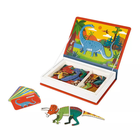A Janod Dinosaurs Magneti’Book next to a toy dinosaur.