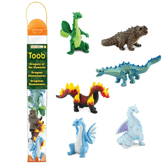A collection of TOOB® Figurines Dragons of the Elements, hand painted figurines with designs including earth, wind, fire, and water, displayed next to their packaging.