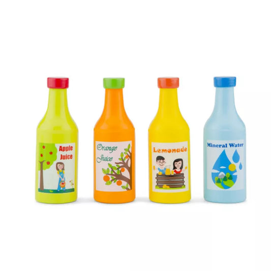 A group of four New Classic Toys Drinks Set bottles of different colors.