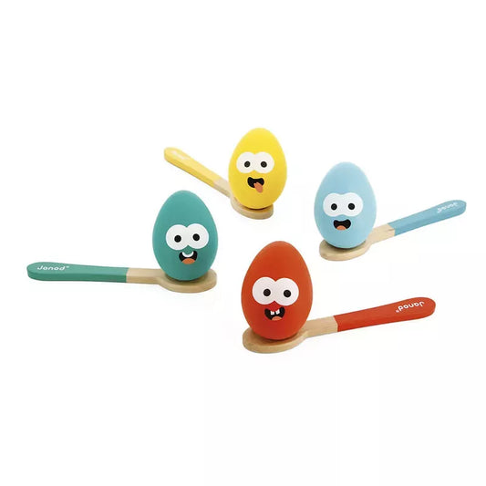 Animated toy Janod Egg-And-Spoon Race characters with colorful tops and playful facial expressions, perfect for children's egg and spoon races.