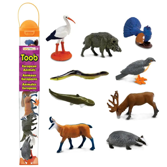 A collection set of TOOB® Figurines European Animals, including a stork, boar, turkey, eel, fish, elk, wolf, fox, and badger, showcased for educational or decorative purposes.
