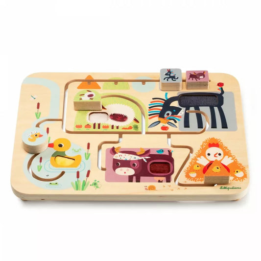 A Lilliputiens Farm Sensory Labyrinth toy with animals and animals on it.