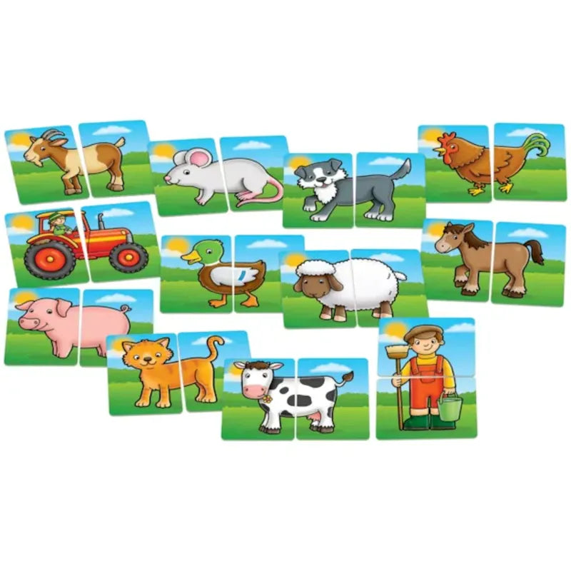 The Orchard Toys Farmyard Heads & Tails set is a collection of illustrated puzzle pieces showcasing farm animals and objects, such as a goat, mouse, dog, rooster, tractor, duck, sheep, horse, pig, cat, cow, and a farmer. Each character is presented in a cartoon style against the backdrop of a grassy landscape.