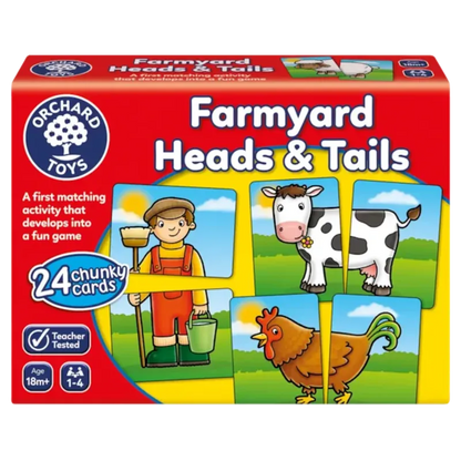 Orchard Toys Farmyard Heads & Tails comes in a box featuring vibrant illustrations of a farmer, cow, and chicken on colorful square cards. The text highlights it as "A first matching activity that develops into a fun game" and includes "24 chunky cards" suitable for ages 18 months and up, accommodating 1-4 players.