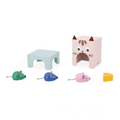 A group of Janod Finding your Bearings in Space Cat and Mouse toy animals sitting next to each other.