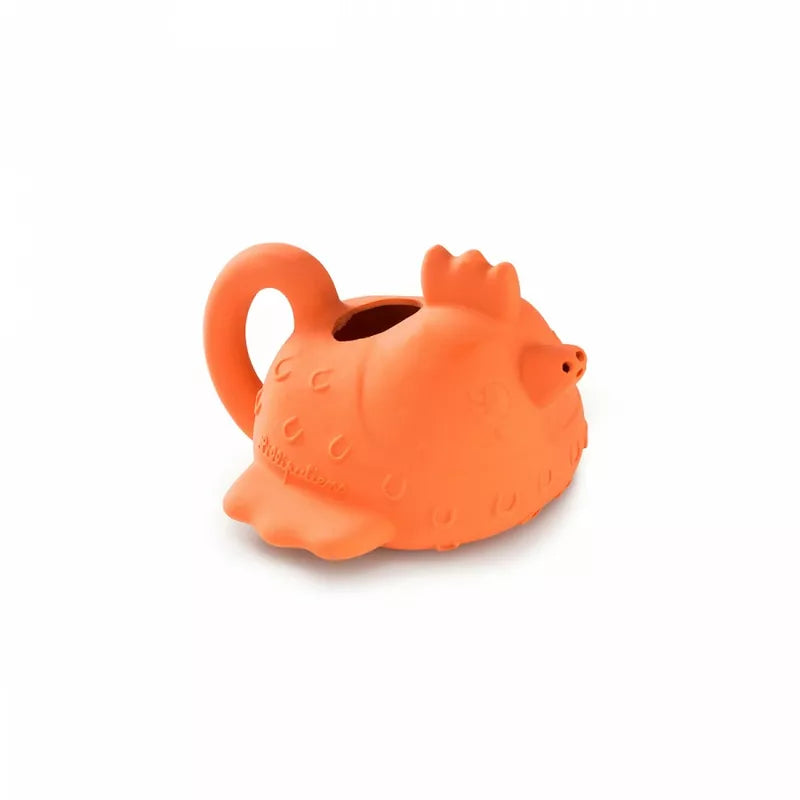an orange cup shaped like a fish on a white background.
