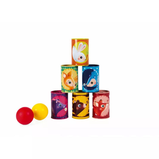 A colorful set of Janod Forest Tumbling Cans with cute animal faces, ideal for active play and accompanied by two small balls, against a white background.