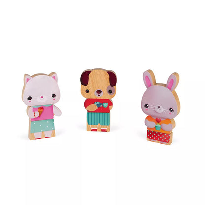 A group of Janod Funny Magnets - Pets wooden figurines.