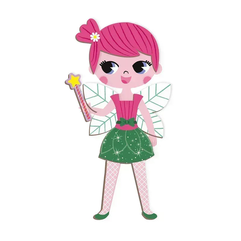 This cheerful fairy, part of the Janod Girl's Costumes Magneti'book, features pink hair, green wings, and a green star-adorned skirt. She holds a magic wand topped with a star and wears a pink top, white fishnet stockings, and green shoes. A flower in her hair completes the look. Perfect for enhancing your Janod Magneti'books or any magnetic game collection!