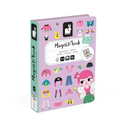 The image shows a Janod Girl's Costumes Magneti'book, an educational toy designed for children aged 3 to 8. This magnetic game features a purple cover adorned with various magnet pieces such as clothes and accessories to dress up a girl character illustrated on the front.