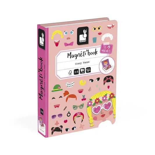 The "Janod Girl's Crazy Faces Magneti'book" by Janod is a children's book with a pink cover that includes various magnetic pieces such as eyes, mouths, and accessories for creating different faces. This educational magnetic game is suitable for ages 3-8 and comes with 55 magnets.