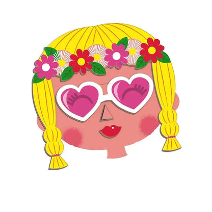 Illustration of a stylized face with yellow braided hair, wearing heart-shaped pink sunglasses, blushing cheeks, red lips, and a floral headband adorned with various colorful flowers. The background is plain white. Perfect addition to the Janod Girl's Crazy Faces Magneti'book or any educational magnetic game collection.