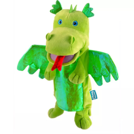 A Fiesta Crafts Hand Puppet Green Dragon with a red bow.