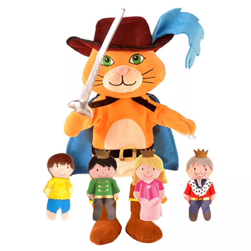 a Fiesta Crafts Puss in Boots Puppet Set that is wearing a hat and holding a sword.