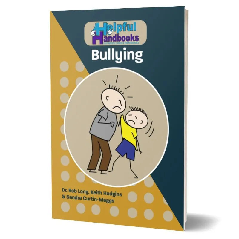 The book "Helpful Handbooks Bullying" by Dr. Rob Long, Keith Hodgins, and Sandra Curtin-Maggs provides crucial support for parents dealing with children’s emotional challenges related to bullying. The cover art depicts a scene of one person bullying another against a backdrop of angular shapes and polka dots.