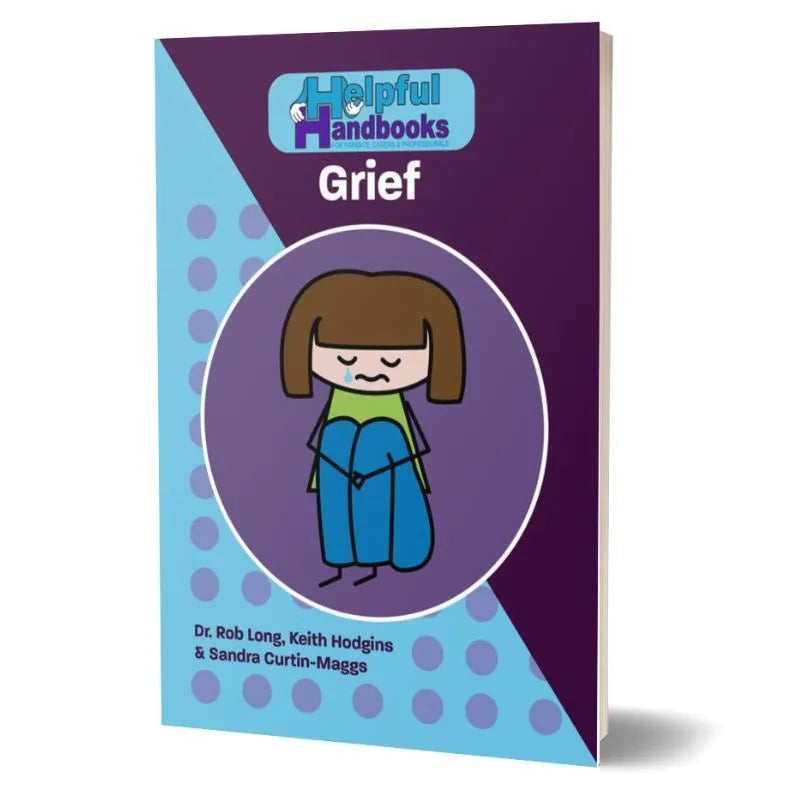 The book "Helpful Handbooks Grief" is an essential child support resource, featuring a cover with a cartoon character holding a book and sitting within a purple circular frame. Authored by Dr. Rob Long, Keith Hodgins, and Sandra Curtin-Maggs, this handbook on grief is set against a polka dot patterned background.