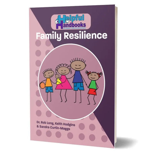 The image is of a book titled "Helpful Handbooks Family Resilience" by Dr. Rob Long, Keith Hodgins, and Sandra Curtin-Maggs. The cover features a cartoon of a family of four in a pink circle under the "Helpful Handbooks" logo, set against a background with various shades of purple and pink, addressing emotional challenges.