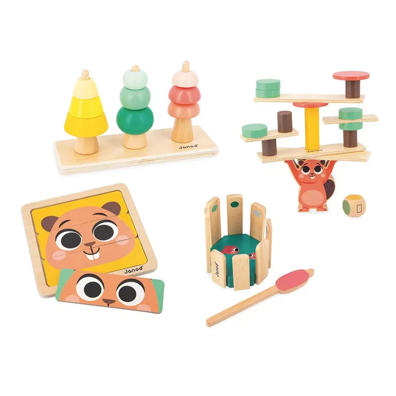 The Janod Box of Toys 36 Months includes a tree stacking toy, a balancing game, a puzzle featuring a cute animal face, a small drum with a wooden stick, and a small wooden figure of a squirrel. These developmental toys for 3-year-olds are perfect for sensory and educational play.