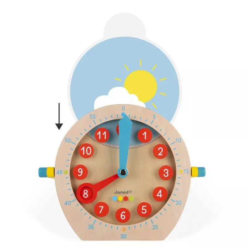 A Janod Essential – Learn to Tell the Time clock with a blue sky and clouds in the background.