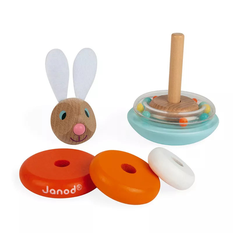 Janod Roly-Poly Rabbit Stacking Toy with a carrot.