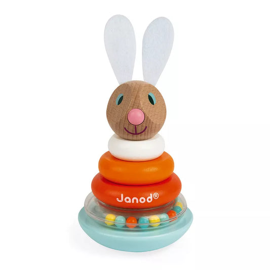 Janod Roly-Poly Rabbit Stacking Toy with a bunny on top of it.