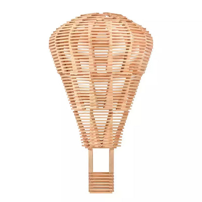 An intricately woven wooden basket, designed like a hot air balloon and crafted from KAPLA® Construction 1000 Planks in Wooden Box, isolated on a white background.