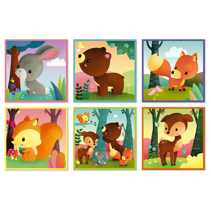 Nine different pictures of forest animals on Janod Kubkid 9 Blocks Forest Animals.