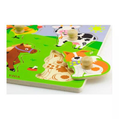 A New Classic Toys Big Wooden Knob Puzzle Farm with animals on it.