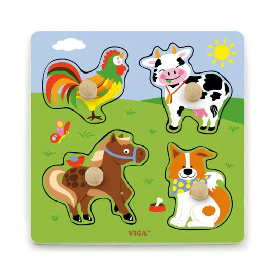 The New Classic Toys Big Wooden Knob Puzzle Farm has farm animals on it.